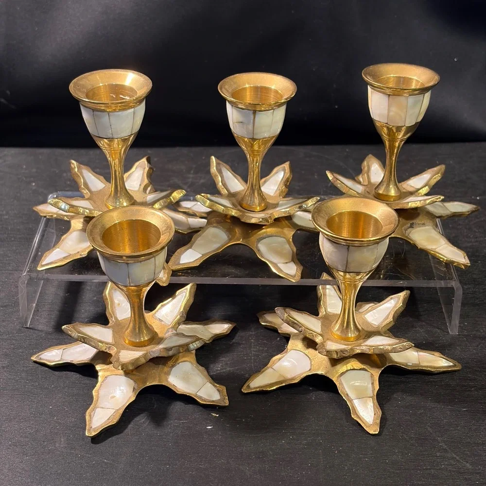 Vintage Brass Mother of Pearl Starburst Candle Holder Set of 5 Sunburst Inlay